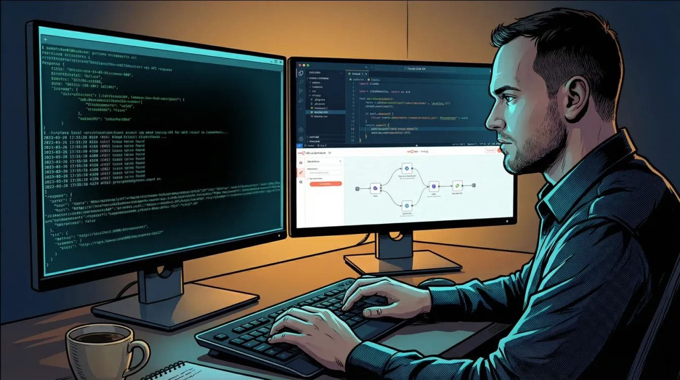 Illustration of Chris at his desk, a terminal on one monitor and an agent workflow on the other